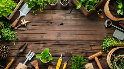 Foto auf Acrylglas Copyspace Frame with Gardening Tools and Objects on Wooden Background, Concept for Horticulture and Agriculture Advertisement, Generative AI   © Muskan