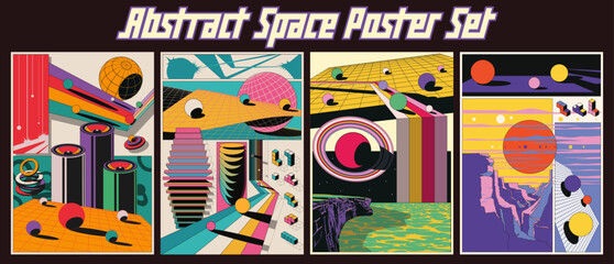 Abstract Dimensions Space Poster Set. Geometric Forms, 1980s Colors, Perspective Grid, Abstract Surfaces