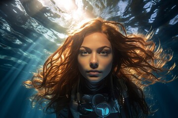 
Portrait of a young woman gracefully submerged underwater, her flowing hair illuminated by the sunlight filtering through the surface. She is a professional diver, exploring the depths of the ocean f