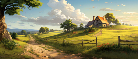 A digital painting of a pathway leading up to a farm.