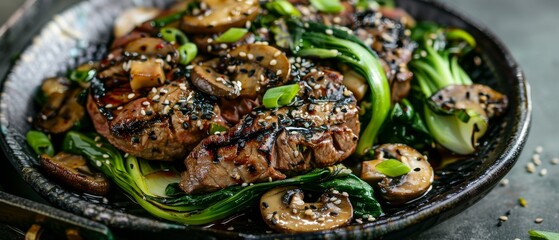 Grilled steak with bok choy mushrooms and black bean sauce Asian inspired - obrazy, fototapety, plakaty