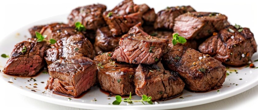 Grilled diced beef with garlic and thyme on white plate