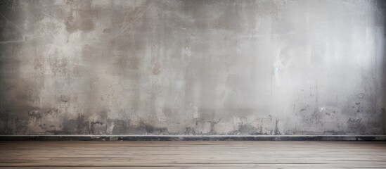 An empty room featuring a grey concrete wall and wooden flooring in shades of brown. The rectangular space resembles a monochrome landscape