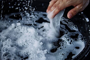 Hand scooping foam from bucket of water - obrazy, fototapety, plakaty