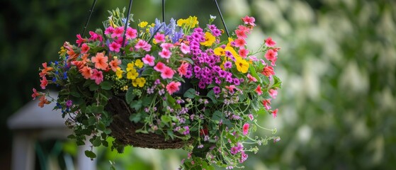 Fototapeta na wymiar Hanging basket with summer flowers