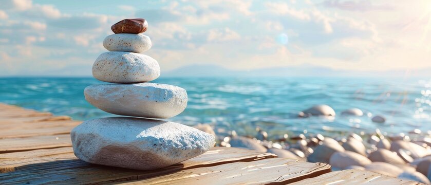 Harmony and balance manifest in stones balanced against the sea with Zen and red atop