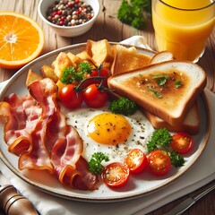 fried eggs with bacon and vegetables