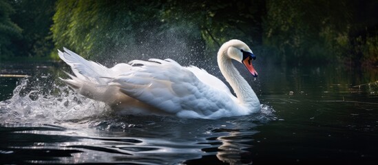 A graceful white swan peacefully glides through the serene lake, surrounded by lush trees. Its elegant beak and fluffy feathers make a stunning contrast against the tranquil water