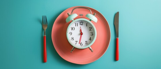 Intermittent fasting with lunchtime diet and weight loss in mind using an alarm clock and utensils