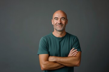 Smiling mature bald man with arms crossed wearing green t-shirt on grey background, concept of contentment and confidence