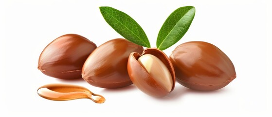 Isolated argan nuts with green leaves on white background Chopped nut with oil drop - Powered by Adobe