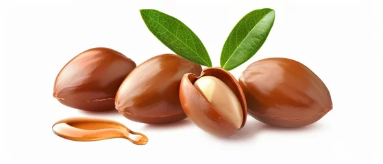 Fotobehang Isolated argan nuts with green leaves on white background Chopped nut with oil drop © The Big L