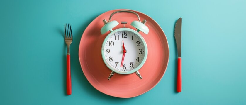 Intermittent fasting with lunchtime diet and weight loss in mind using an alarm clock and utensils