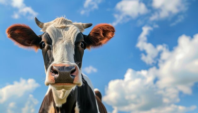 Inquisitive cow s nose poised against blue sky and white clouds