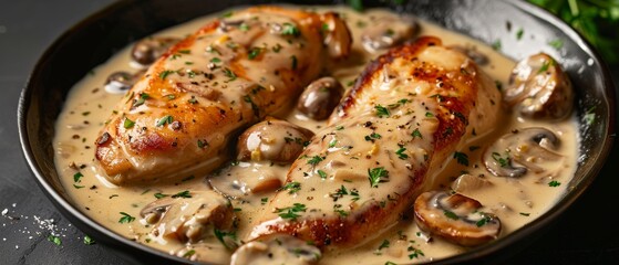 Italian style creamy chicken and mushroom fillet on black background