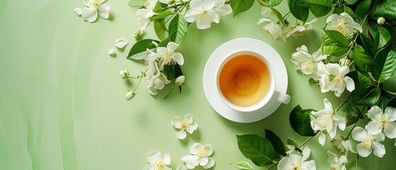 Obraz na płótnie Canvas Jasmine tea and flowers arranged on green backdrop