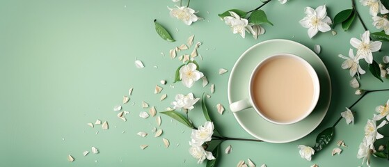 Jasmine milk tea and flowers on green background in a composition