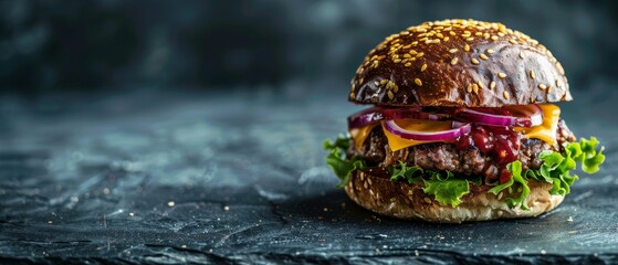 Juicy burger with pulled pork in cheddar cheese onion lettuce dark background View from front