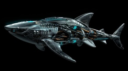 Fototapeta na wymiar Illustration of a Cybernetic Robot shark with Futuristic Military Design, Isolated on a Black Background