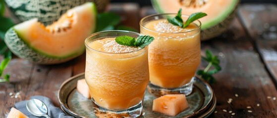 Melon smoothie served in glassware on a plate
