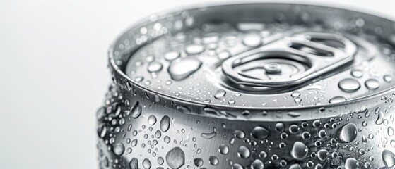 Metallic can with water droplets on white background