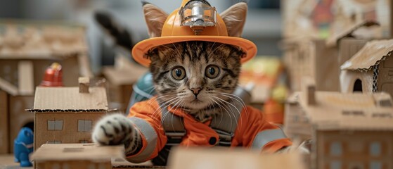 Little cat firefighter heroically rescuing toys from a pretend fire in a cardboard city.