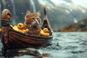 Viking cat sailing in a bathtub longship