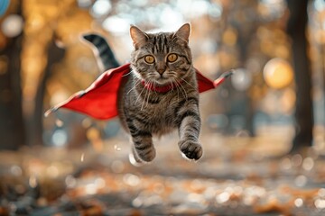 Naklejka na ściany i meble Superhero cat flying with a cape