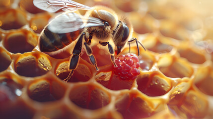 Title: A Queen Bee Cup with Royal Jelly in the Wax Comb of a Hive, Close-up Shot with Soft Lighting and Rich Detailing, Nature and Honey Beekeeping Concept, Generative Ai

 - obrazy, fototapety, plakaty