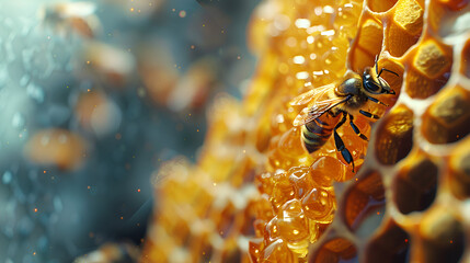 Title: A Queen Bee Cup with Royal Jelly in the Wax Comb of a Hive, Close-up Shot with Soft Lighting and Rich Detailing, Nature and Honey Beekeeping Concept, Generative Ai

 - obrazy, fototapety, plakaty