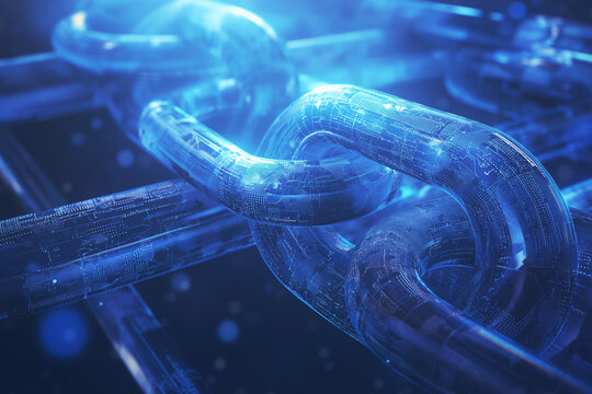 Close-Up of Futuristic Blockchain Link in a Digital Blue Environment