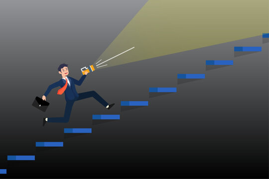Confidence businessman with flashlight or torch running up stair, flashlight to see opportunity, discover business way of success, challenge to find direction in the dark, leadership (Vector)