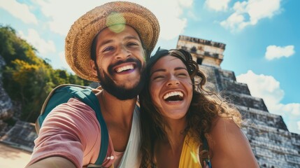 Joyful Pair Capturing Selfie Moment Against the Majestic Background of Chichen Itza, Mexico. - obrazy, fototapety, plakaty