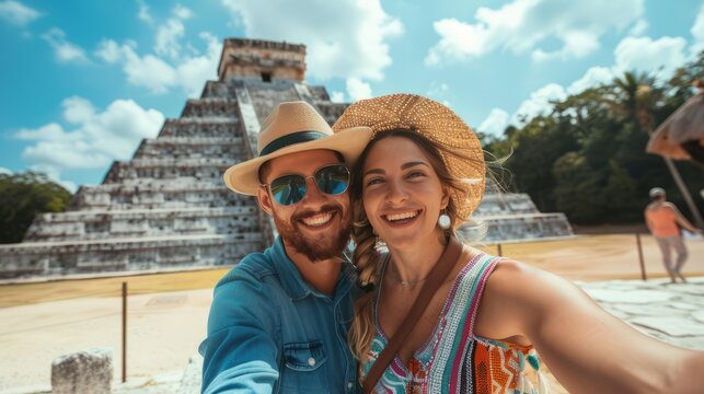 Joyful Pair Capturing Selfie Moment Against the Majestic Background of Chichen Itza, Mexico.