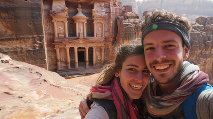 Joyful Pair Capturing Selfie Moment Against the Majestic Background of petra, Jordan
