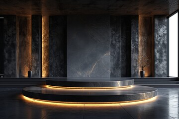 A minimalist podium with a dark and contemporary theme
