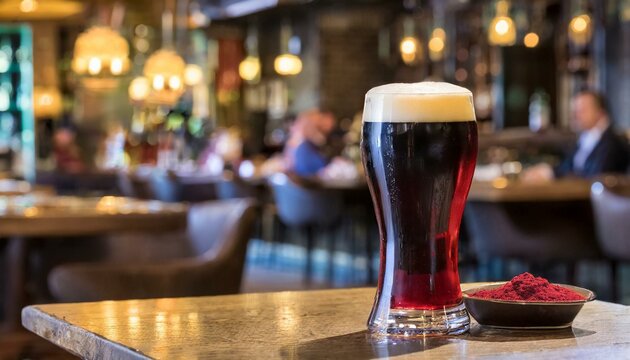 Irish Elixir: Rich Ruby Red Stout Resting on an Authentic Pub Table"
