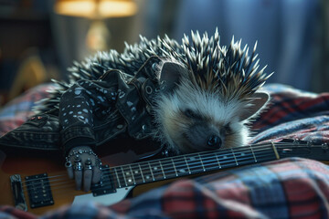 Stylized hedgehog channeling punk rock vibes playing an electric guitar.
