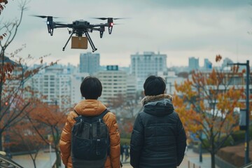 Two people are standing on a sidewalk, looking up at a drone flying overhead. logistic concept - obrazy, fototapety, plakaty