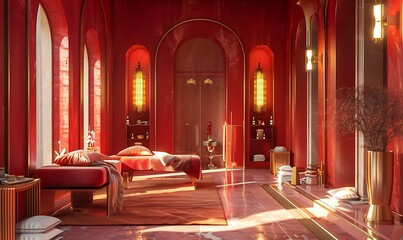 Fototapeta na wymiar a 3D model of a spa treatment room, influenced by Daz3D aesthetics, with red furniture and walls, enchanting lighting, and a cottagecore essence, all meticulously designed for a warm tonal range