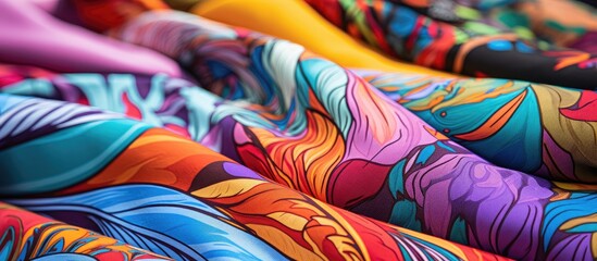 A vibrant display of Textile art featuring colorful fabrics stacked with patterns in magenta. Perfect for creating stylish sportswear or unique sleeves and thigh shorts designs - obrazy, fototapety, plakaty