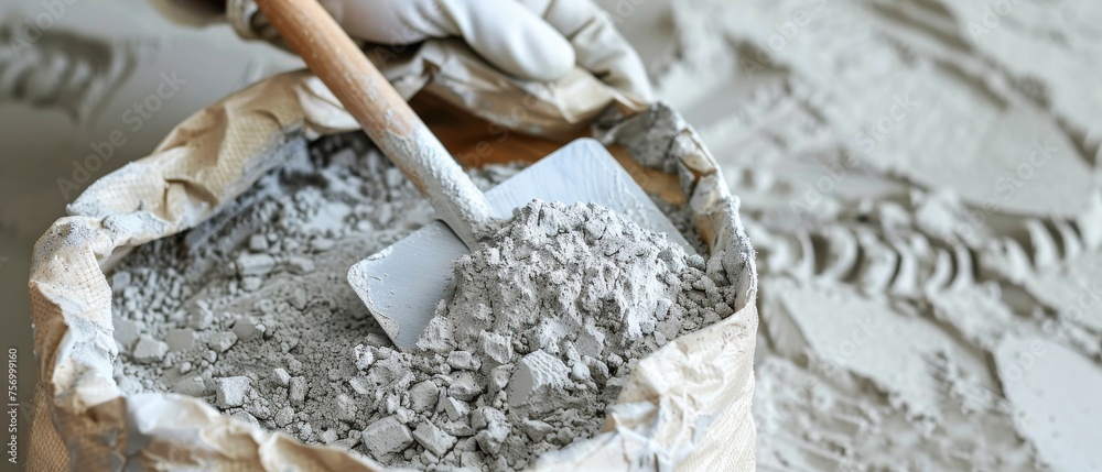 Wall mural powdered cement is packed with trowel in bag