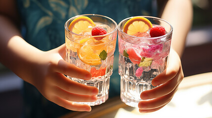 The child holds two glasses of water with fruits and berries in his hands - Powered by Adobe