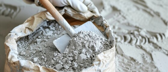 Powdered cement is packed with trowel in bag - obrazy, fototapety, plakaty
