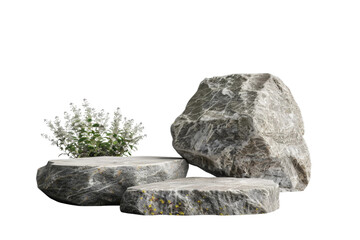 Flat realistic stone rock podium with a rugged texture, suitable for showcasing products with a natural and robust theme, cut out transparent background