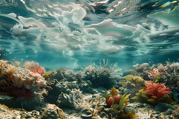 Underwater world, seaweeds and water plants waving  - obrazy, fototapety, plakaty