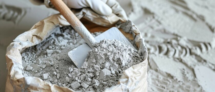 Powdered cement is packed with trowel in bag