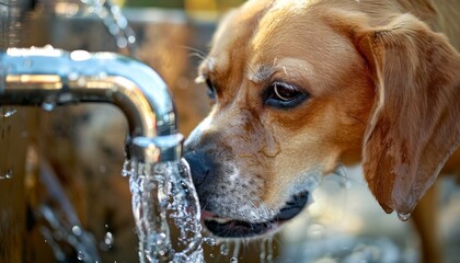 National Pet Hydration Awareness Month image Dog drinking from tap