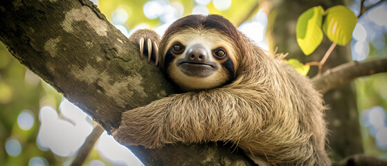 A three-toed sloth climbing down the tree.