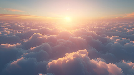 Flying Above the Clouds Towards the Sun with Soft Focus Background, Concept of Freedom and Hope in Nature, Generative AI

